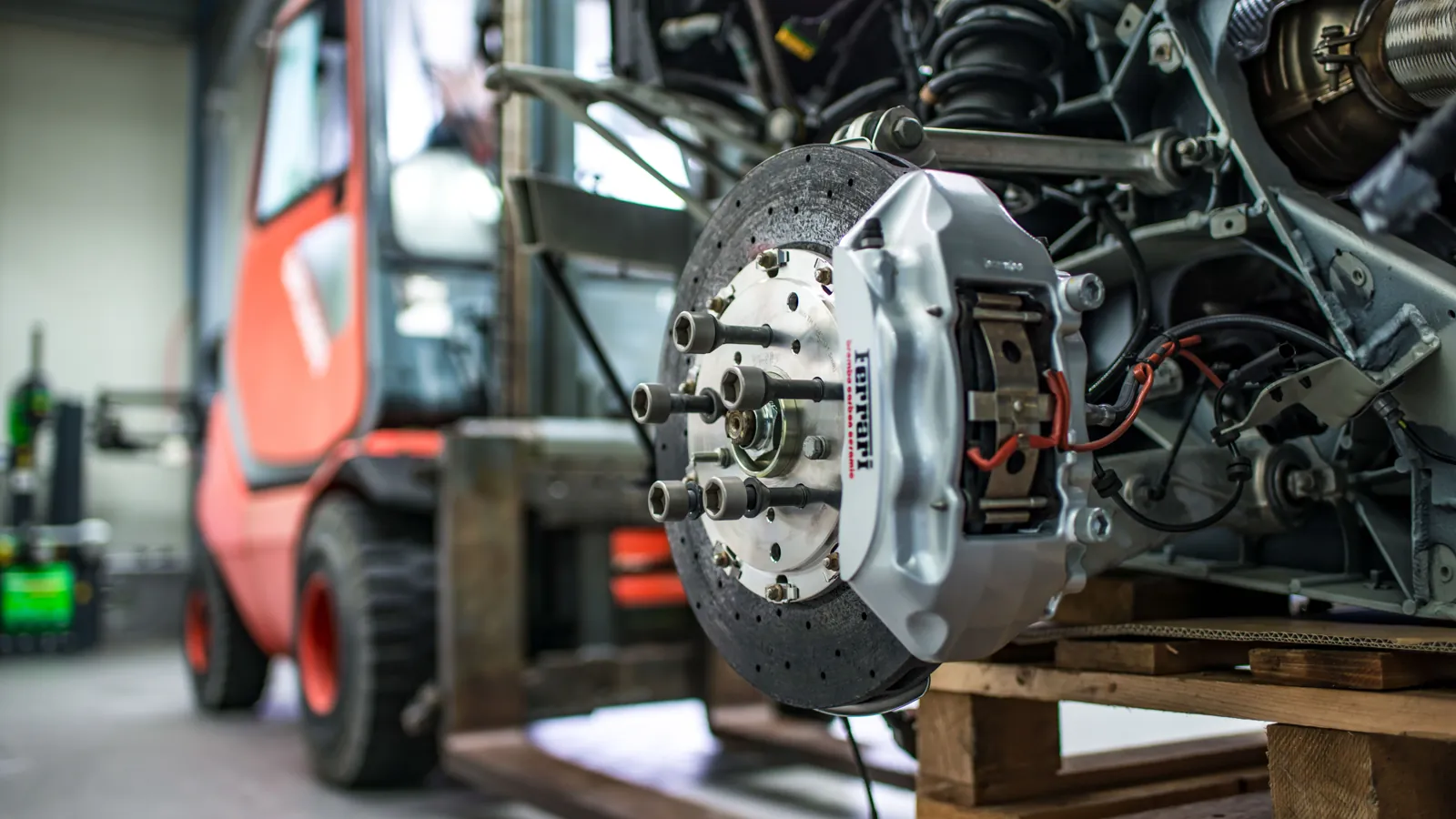 A heavy-duty truck brake assembly being serviced